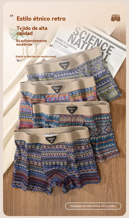 🎁【paquete de 4】Calzoncillos bóxer de algodón premium para hombre, diseño retro, panel de malla transpirable, cintura sin costuras, ropa interior que absorbe la humedad,_4239479