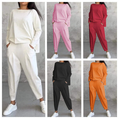 💖[Top + Kalhoty] Módní dvoudílná souprava, jednobarevné ležérní a trendy dámské oblečení, příjemná látka z čisté bavlny_3911988