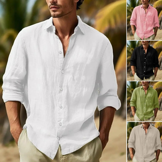 🌿【50% de descuento 🔥】Camisa de lino de manga larga para hombre, tallas grandes, diseño de color liso