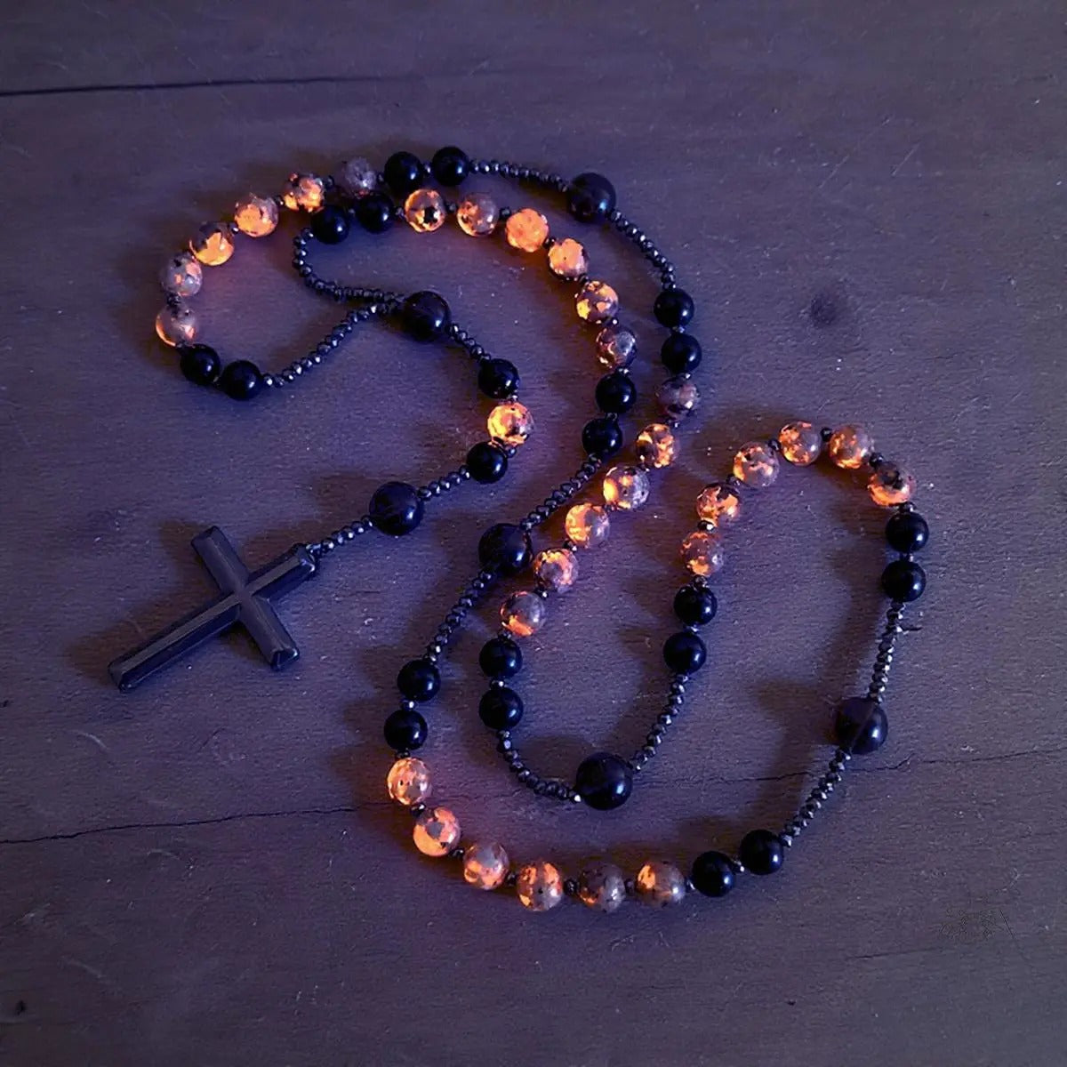 Collar rosario de obsidiana natural y yooperlita, cristal curativo de protección energética reactivo a luz UV