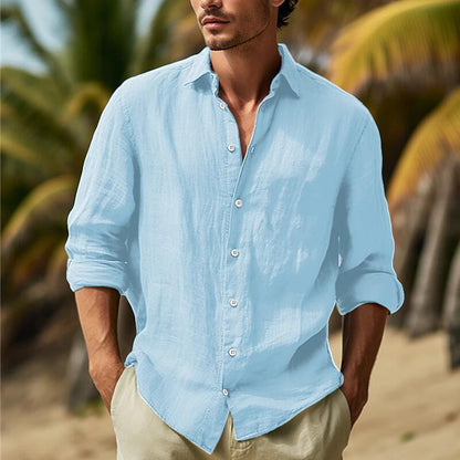 🌿【50% de descuento 🔥】Camisa de lino de manga larga para hombre, tallas grandes, diseño de color liso