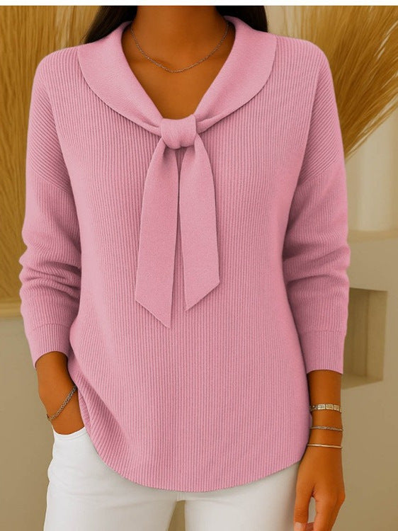 💐【S~5XL】Sweter damski w jednolitym kolorze z wiązaniem i długim rękawem, swobodny i luźny