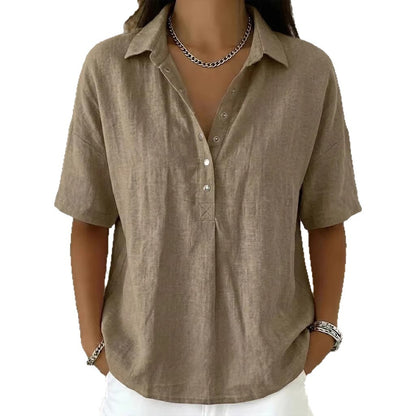 ⏳ Último día, -50%【S–3XL】Camisa mujer de algodón y lino manga corta, corte entallado, transpirable y cómoda, fácil de combinar