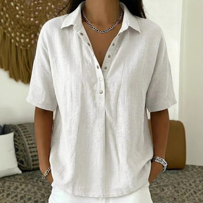 ⏳ Último día, -50%【S–3XL】Camisa mujer de algodón y lino manga corta, corte entallado, transpirable y cómoda, fácil de combinar