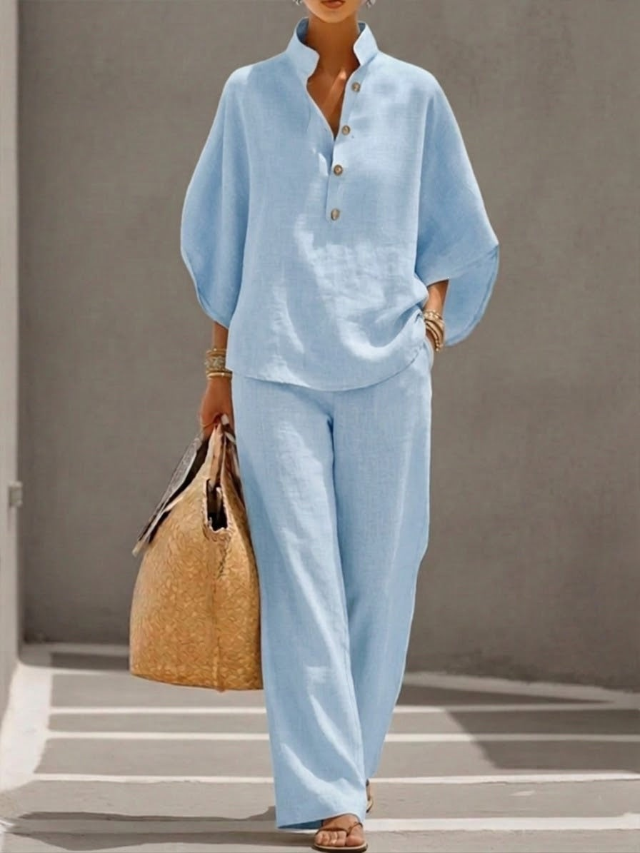 【S-5XL】Maribel | Conjunto de lino con mangas murciélago y pantalón ancho