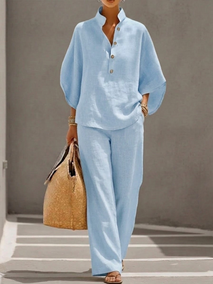 【S-5XL】Maribel | Conjunto de lino con mangas murciélago y pantalón ancho