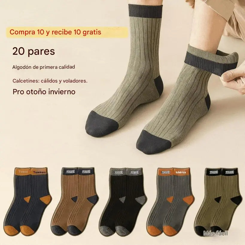【10 pares】【38-47】Nuevos calcetines cálidos de punto con bloques de color retro para hombre