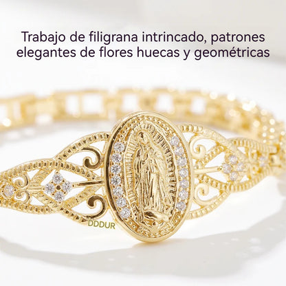 Pulsera de la Virgen María con flores caladas en oro