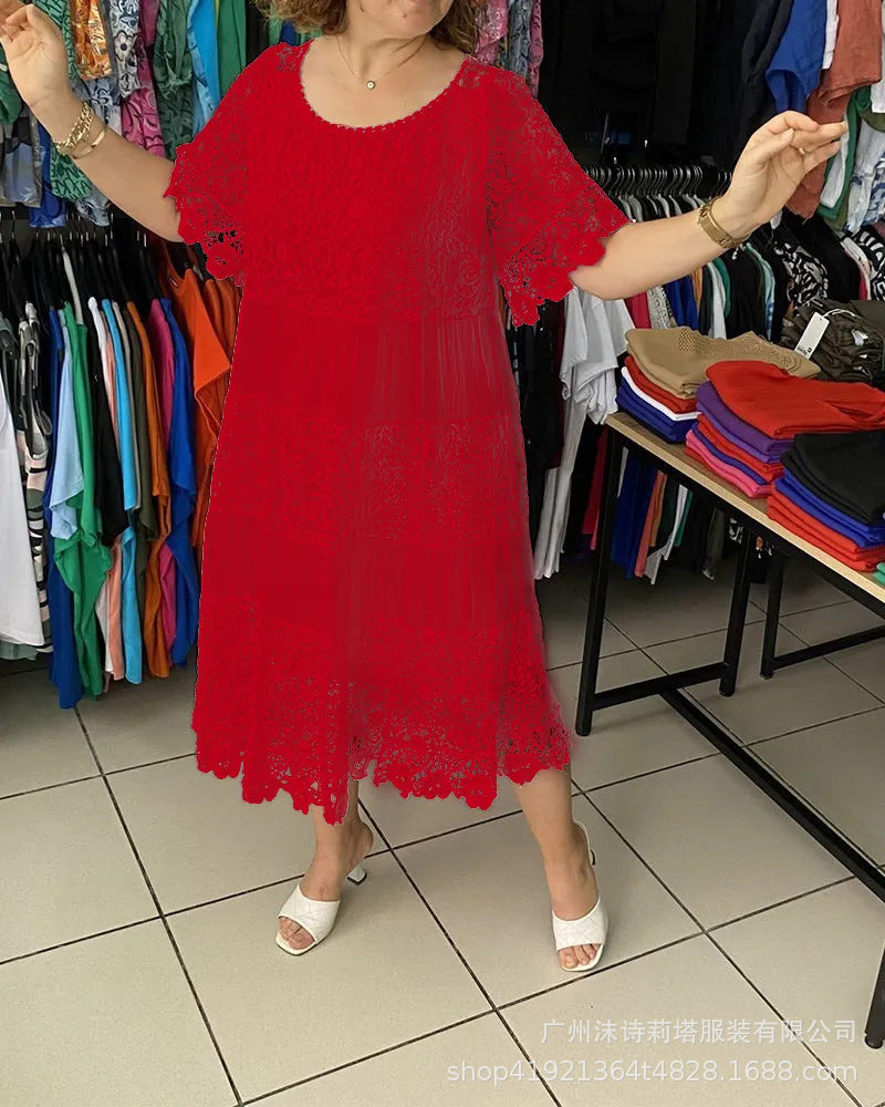 🔥【50% DE DESCUENTO】✨✨✨【S-5XL】Nuevo vestido de manga corta para 2026, con cuello redondo y encaje.