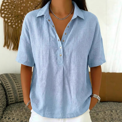 ⏳ Último día, -50%【S–3XL】Camisa mujer de algodón y lino manga corta, corte entallado, transpirable y cómoda, fácil de combinar