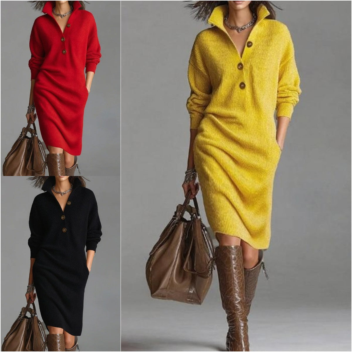 🔥【S-3XL】2025 Új európai és amerikai stílusú galléros kötött ruha_4166546