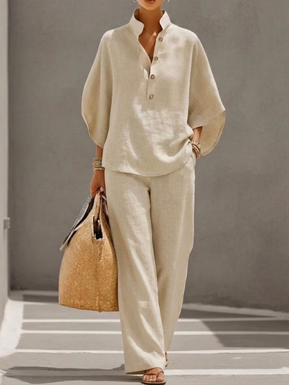 【S-5XL】Maribel | Conjunto de lino con mangas murciélago y pantalón ancho
