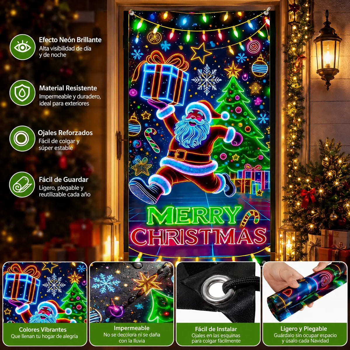 Pancarta navideña fluorescente UV para puerta/fondo/decoración para fiestas navideñas/tela decorativa navideña colgante