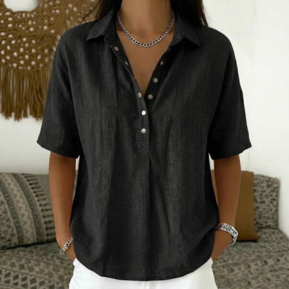 ⏳ Último día, -50%【S–3XL】Camisa mujer de algodón y lino manga corta, corte entallado, transpirable y cómoda, fácil de combinar