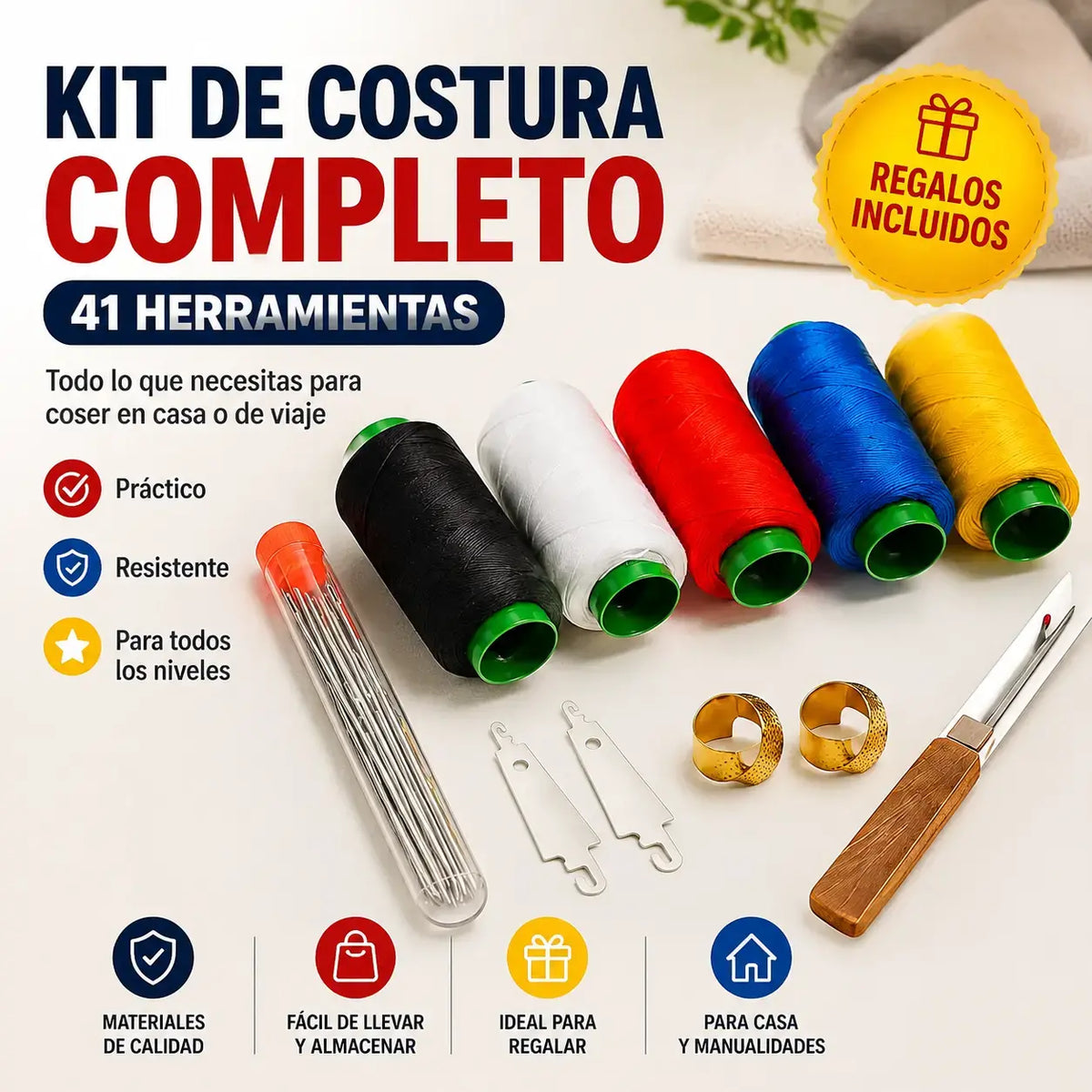 🧵🧰 Kit de Costura 41 en 1 – Agujas Resistentes y Accesorios para Reparaciones en Casa ✂️
