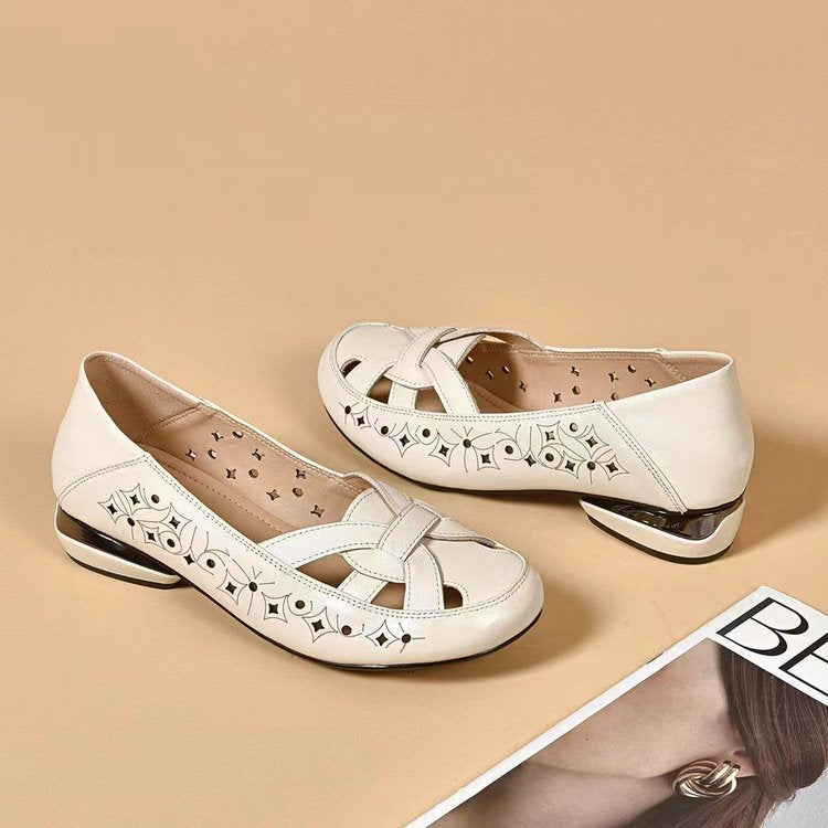 【35-40】2026 Nuevas sandalias de tacón bajo de piel auténtica con punta redonda para mujer_4235346