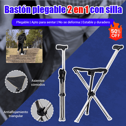 ✨Bastón plegable 2 en 1 con silla, Las muletas son anticaídas, plegables y portátiles✅Bastones de trekking telescópicos