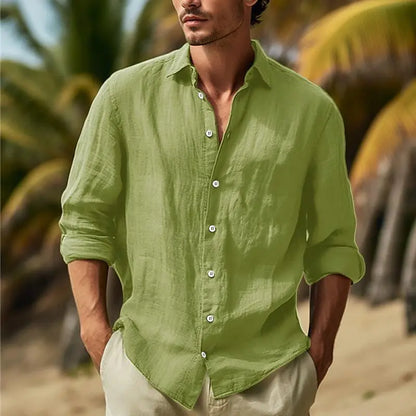🌿【50% de descuento 🔥】Camisa de lino de manga larga para hombre, tallas grandes, diseño de color liso
