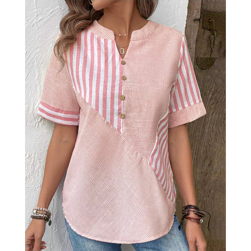 👚💗2026 Γυναικείο Πουκάμισο με V-λαιμόκοψη και κουμπιά μπροστά — Ασύμμετρο Ριγέ Patchwork Μπλούζα από Βαμβάκι-Λινό