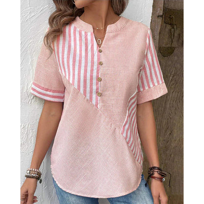 👚💗2026 Γυναικείο Πουκάμισο με V-λαιμόκοψη και κουμπιά μπροστά — Ασύμμετρο Ριγέ Patchwork Μπλούζα από Βαμβάκι-Λινό