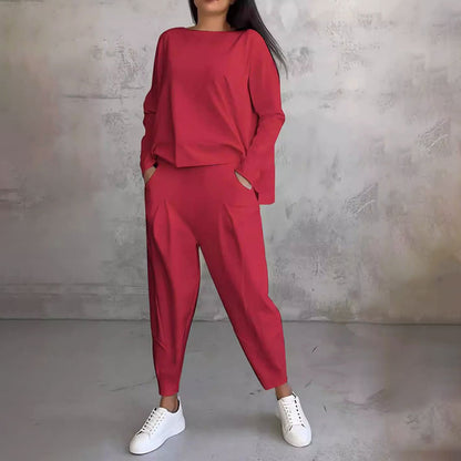 💖[Top + Kalhoty] Módní dvoudílná souprava, jednobarevné ležérní a trendy dámské oblečení, příjemná látka z čisté bavlny_3911988