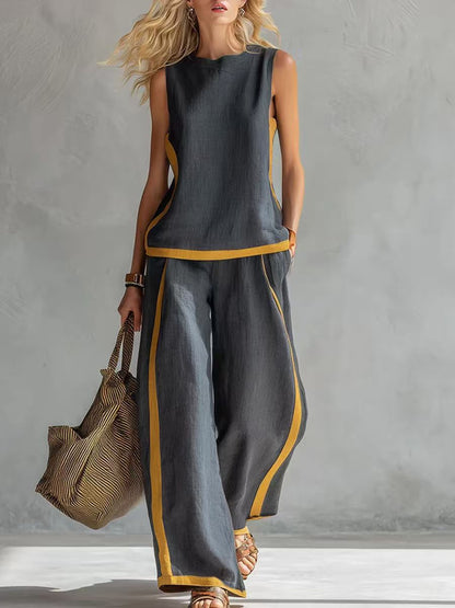 🔥 ¡Nueva llegada de verano! 😍 2026 Nuevo conjunto moderno de dos piezas para mujer: top sin mangas con detalles en contraste y pantalones de pierna ancha - Estilo veraniego, casual y chic.