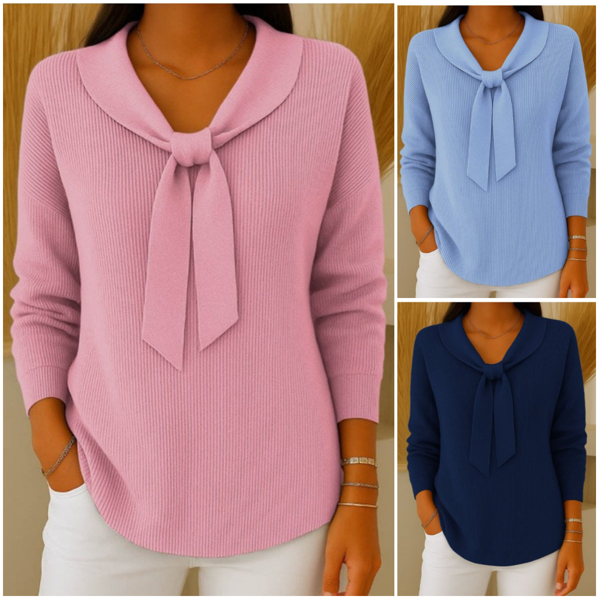 💐【S~5XL】Sweter damski w jednolitym kolorze z wiązaniem i długim rękawem, swobodny i luźny