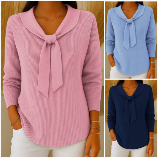 💐【S~5XL】Sweter damski w jednolitym kolorze z wiązaniem i długim rękawem, swobodny i luźny