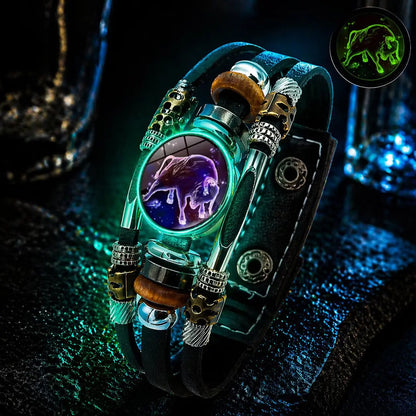 🌙 Svetleča usnjena zapestnica z zodiakalnim simbolom – 3-plastna pletenica, nastavljiva dolžina, unisex 💫✨