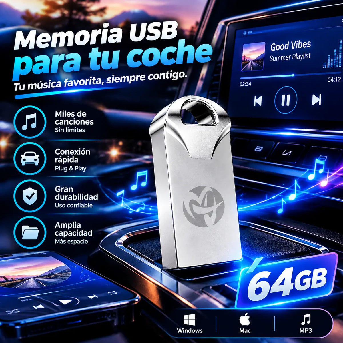 🚗🎵🎵【 64G】 【Unidad flash USB de música】contiene 4000 canciones, 300 MV y efectos de sonido 6D