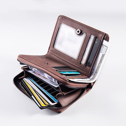 🔥🔥【Disponible en 4 colores】 Cartera de hombre de cuero genuino estilo retro, hecha a mano, con cremallera y ranura para varias tarjetas.