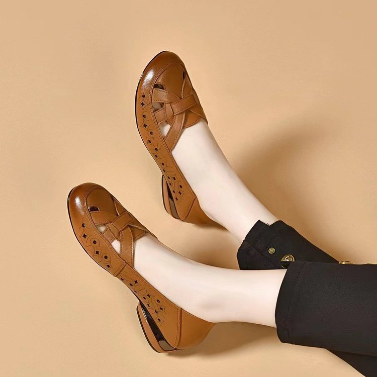 【35-40】2026 Nuevas sandalias de tacón bajo de piel auténtica con punta redonda para mujer_4235346