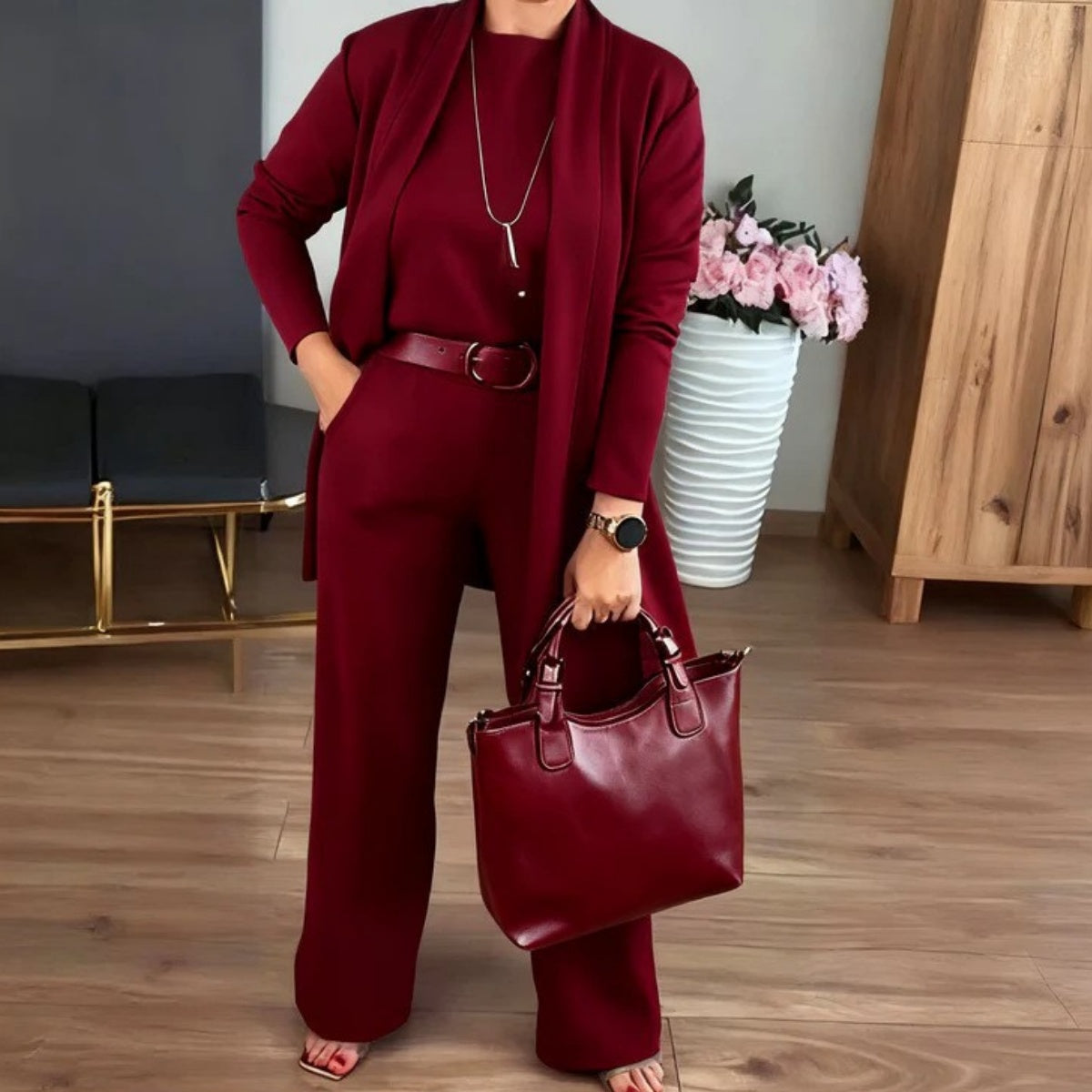 ⏳Oferta por tiempo limitado⏰Elegante conjunto de tres piezas, que incluye un cárdigan largo, un top y un pantalón💞4247238