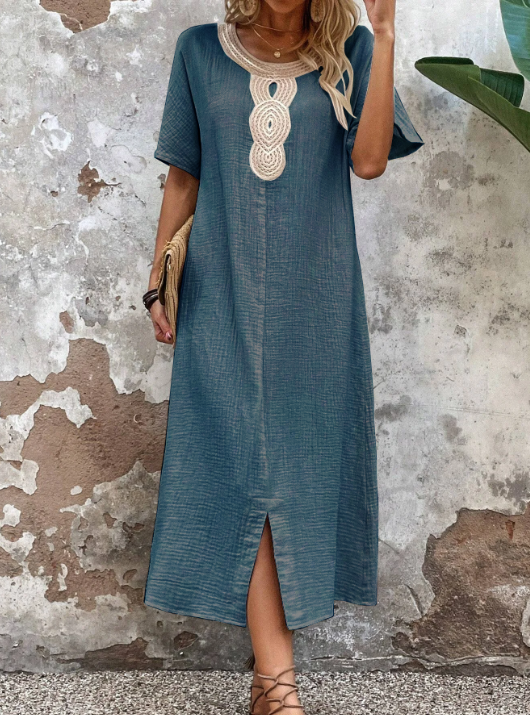 🧚‍♀️👗【Sleva 50 % 🔥】【S-3XL】💖Letní volné dámské šaty s kulatým výstřihem, krajkou, krátkým rukávem, z čisté bavlny a lnu, s rozparkem