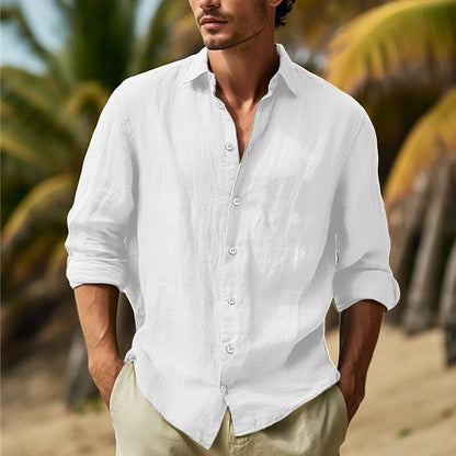 🌿【50% de descuento 🔥】Camisa de lino de manga larga para hombre, tallas grandes, diseño de color liso