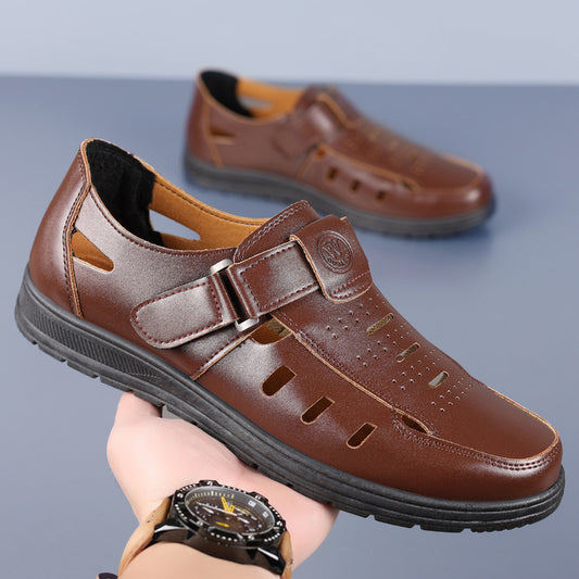 【39-44】👞Sandalias casuales antideslizantes de cuero genuino transpirables con diseño calado para hombre, colección verano 2026