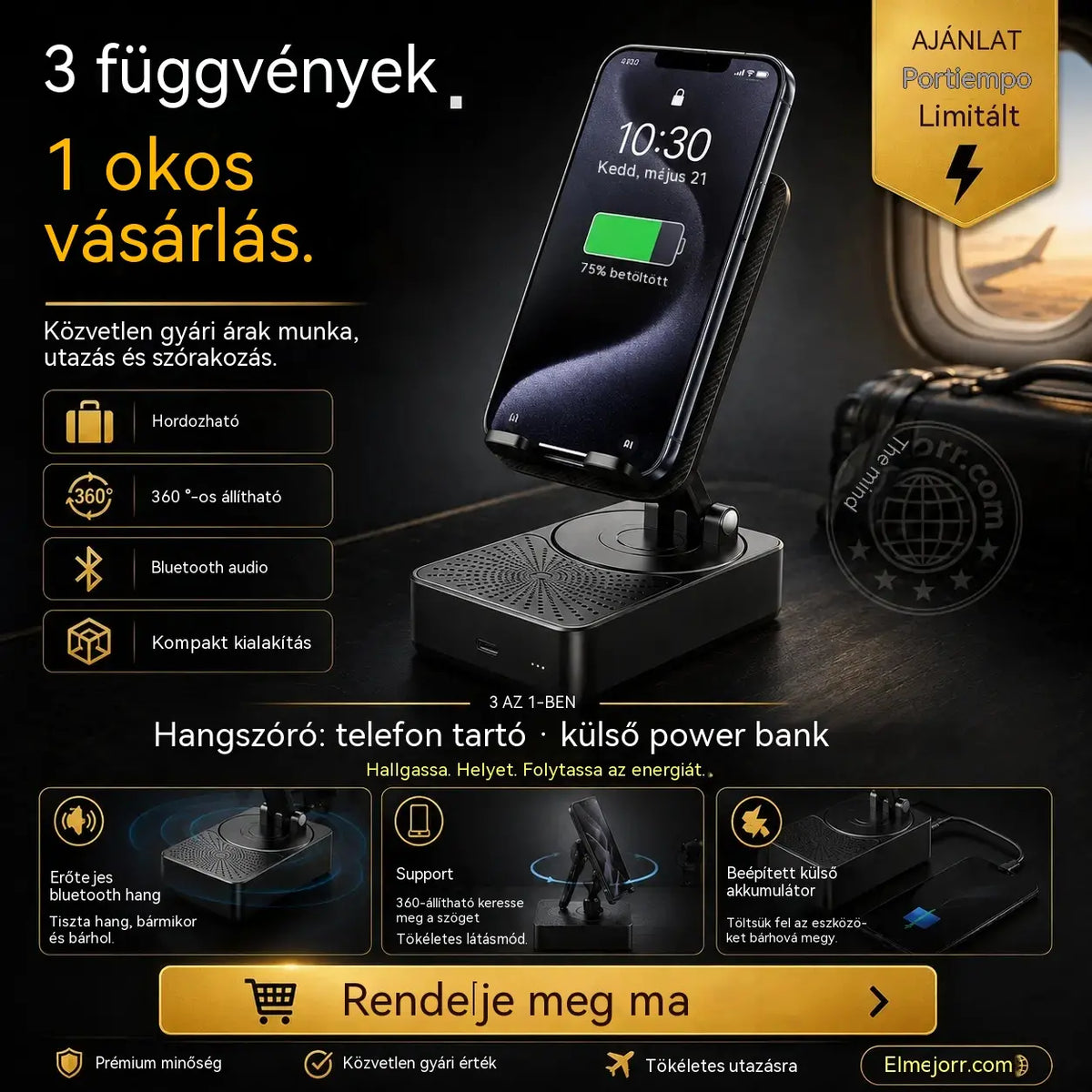 🔥 3 az 1-ben: Bluetooth hangszóró + töltő + 360°-os mobiltelefon-állvány 📱🔊⚡