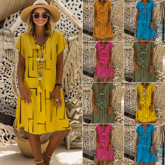 【45% OFF】👗【S-5XL】Potištěné bavlněné šaty s výstřihem do V