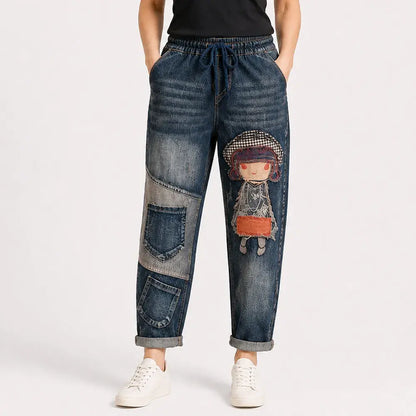 Blugi Dama Retro Lejeri cu Broderie Aplictă & Talie Elastică – Blugi Harem Stil Inedit (Mărimi S-5XL, 2 Culori) 👖✨🍂