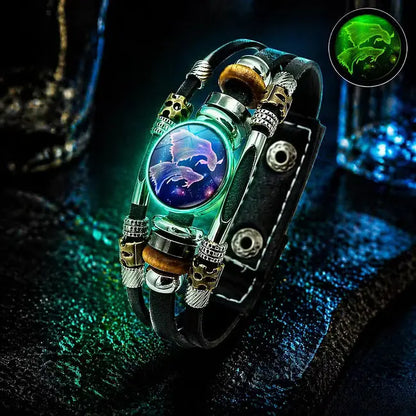 🌙 Svetleča usnjena zapestnica z zodiakalnim simbolom – 3-plastna pletenica, nastavljiva dolžina, unisex 💫✨