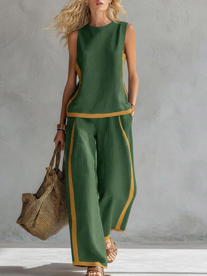 🔥 ¡Nueva llegada de verano! 😍 2026 Nuevo conjunto moderno de dos piezas para mujer: top sin mangas con detalles en contraste y pantalones de pierna ancha - Estilo veraniego, casual y chic.