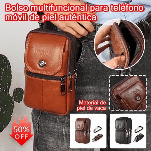 Riñonera/bolso para teléfono móvil de estilo retro para hombre, confeccionado en piel de vacuno de grano superior seleccionada, resistente al desgaste e impermeable.