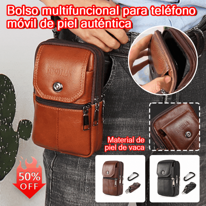 Riñonera/bolso para teléfono móvil de estilo retro para hombre, confeccionado en piel de vacuno de grano superior seleccionada, resistente al desgaste e impermeable.