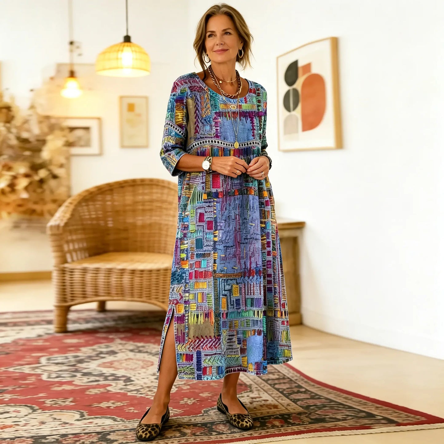💟【S-5XL】Vestido de algodón para mujer con estampado étnico y patchwork, con ribete de encaje.✅️Pago contra entrega