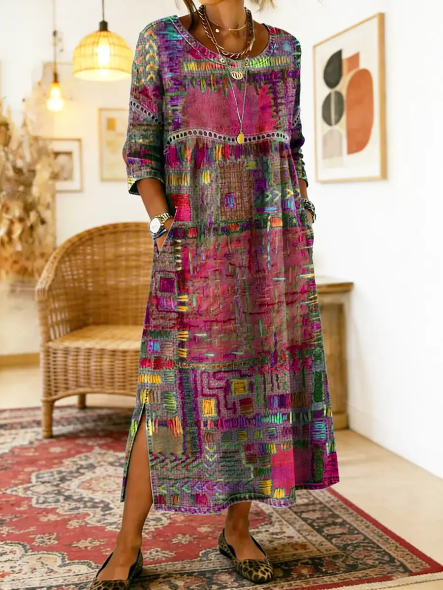 💟【S-5XL】Vestido de algodón para mujer con estampado étnico y patchwork, con ribete de encaje.✅️Pago contra entrega