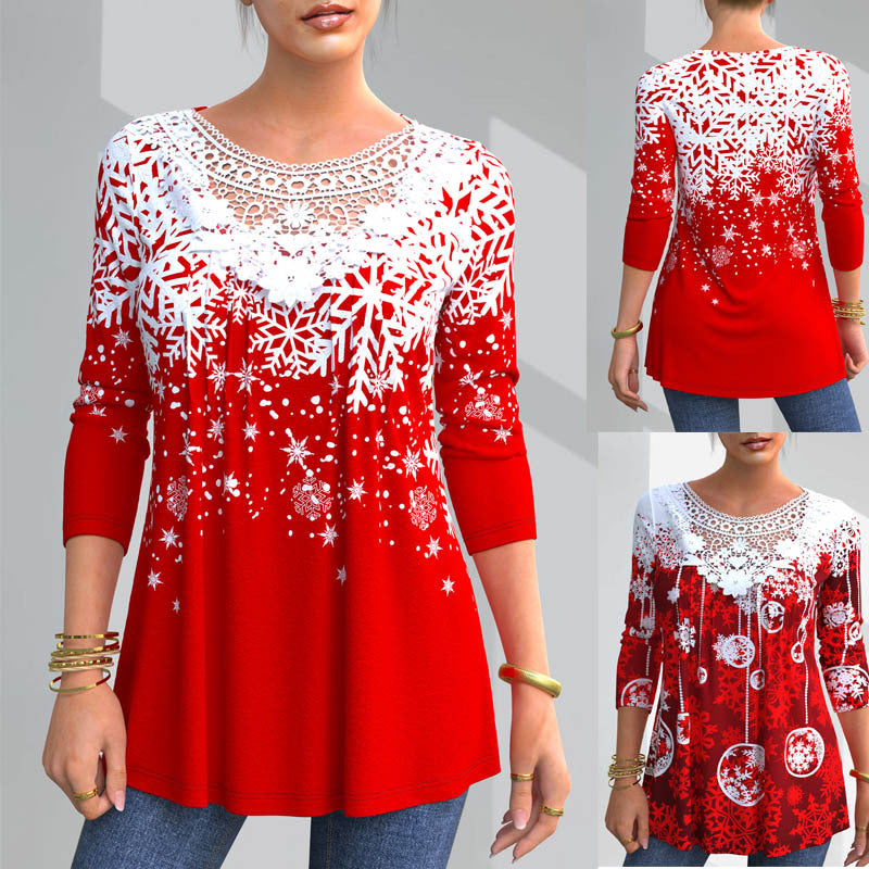 🎄【Specjalna cena】Koszulka z długim rękawem i koronką z nadrukiem świątecznym