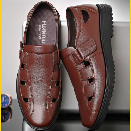 【38-44】👞Sandalias casuales antideslizantes de cuero genuino transpirables con diseño calado para hombre