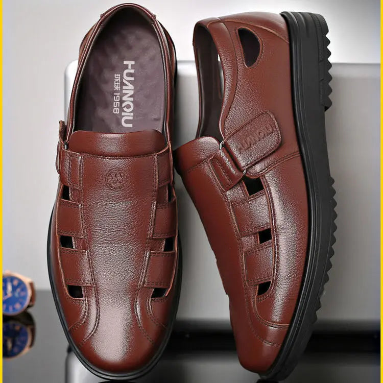 【38-44】👞Męskie oddychające, skórzane, antypoślizgowe sandały codzienne z wycięciem