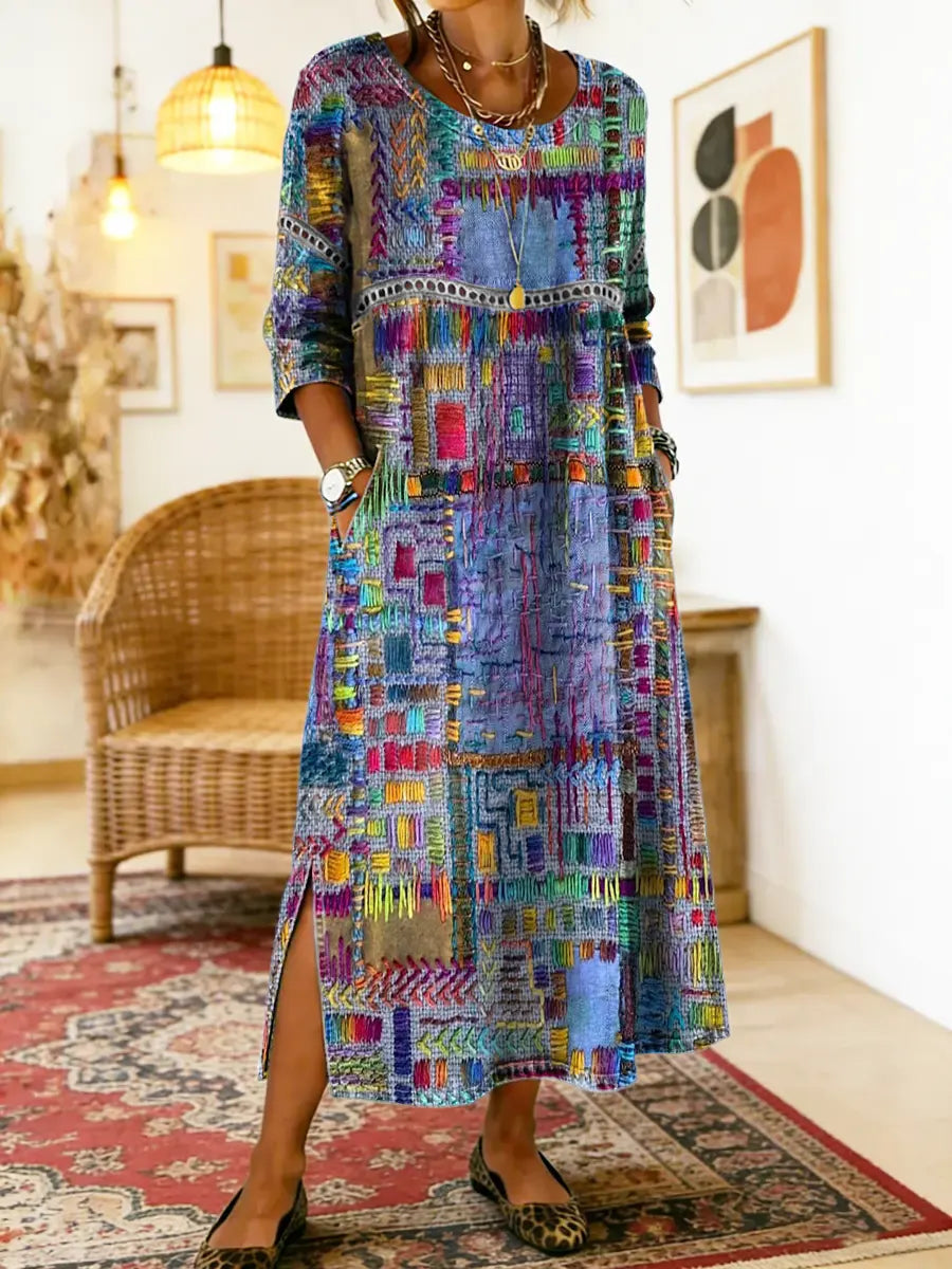💟【S-5XL】Vestido de algodón para mujer con estampado étnico y patchwork, con ribete de encaje.✅️Pago contra entrega