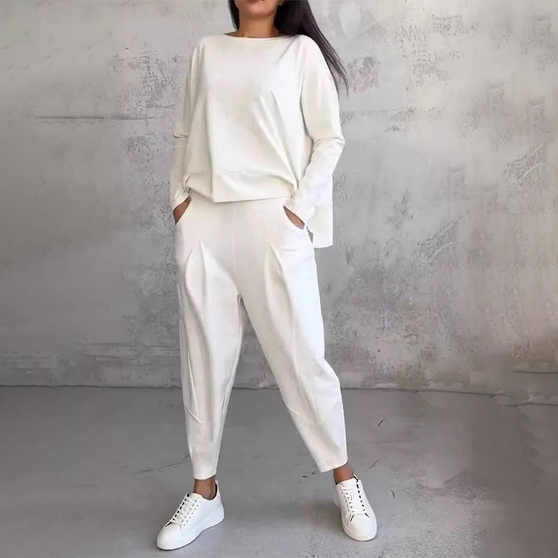 💖[Top + Kalhoty] Módní dvoudílná souprava, jednobarevné ležérní a trendy dámské oblečení, příjemná látka z čisté bavlny_3911988